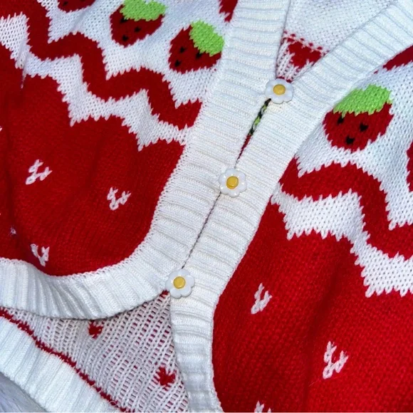 💌[ Dolls Kill ] Strawberry Shortcake Berry Charms Intarsia Cardigan Sweater - Picture 4 of 12